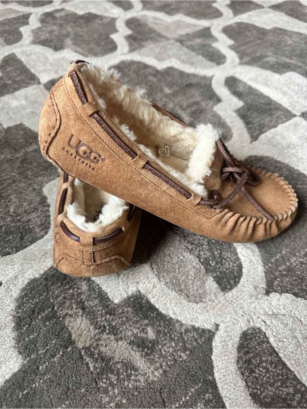 UGG Chestnut Suede Shearling Moccasin Slippers- size 9